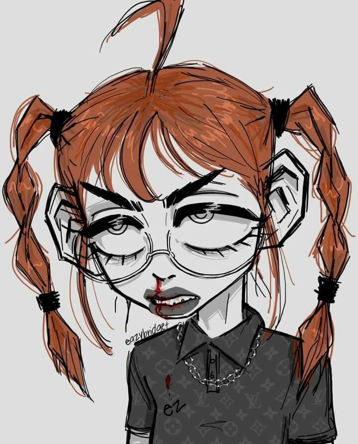 a drawing of a girl with red hair and glasses on her face, looking at the camera