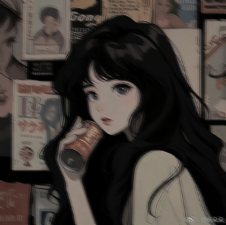 a woman with long black hair drinking from a coffee cup in front of a wall full of posters