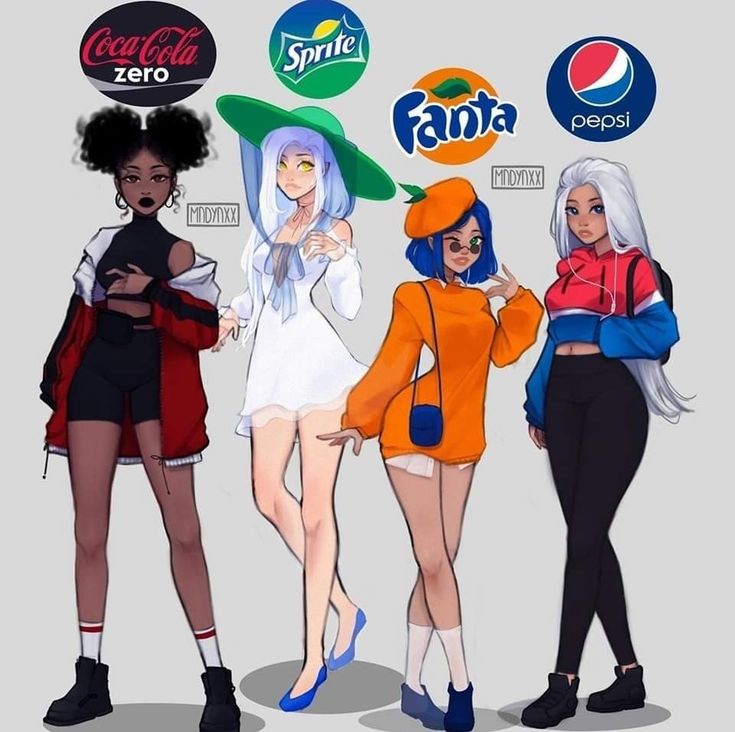 three cartoon girls standing next to each other with sodas on their heads and pepsi logo above them