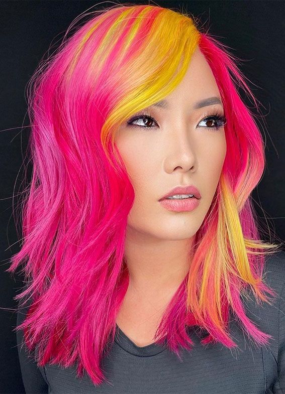 Pink Orange And Yellow Hair, Pink Hair With Money Piece, Pink And Teal Hair, Dusty Rose Hair Color, Pink Yellow Hair, Pink And Yellow Hair, Neon Pink Hair, Cotton Candy Pink Hair, Dusty Rose Hair