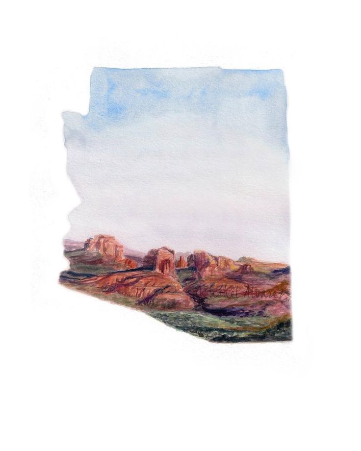 a watercolor painting of the state of arizona with mountains in the background and blue sky