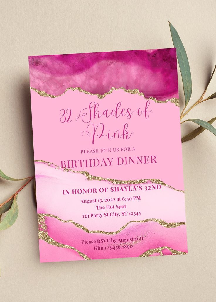 a pink and gold birthday party card