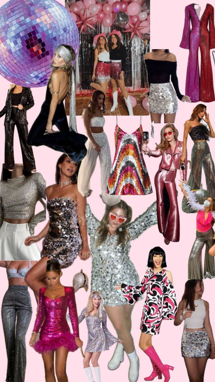 a collage of women dressed in disco outfits