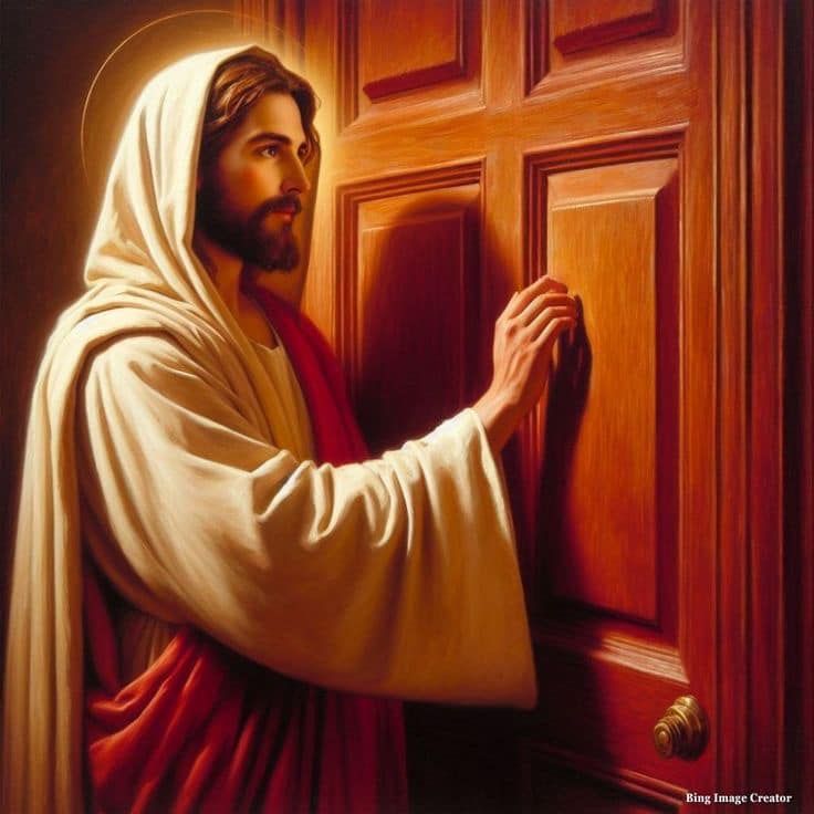 a painting of jesus knocking the door with his hand and holding on to it's handle