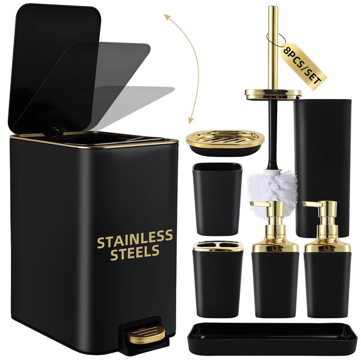 an assortment of black and gold bathroom accessories including toilet brush, soap dispenser, toothpaste holder and tissue dispenser