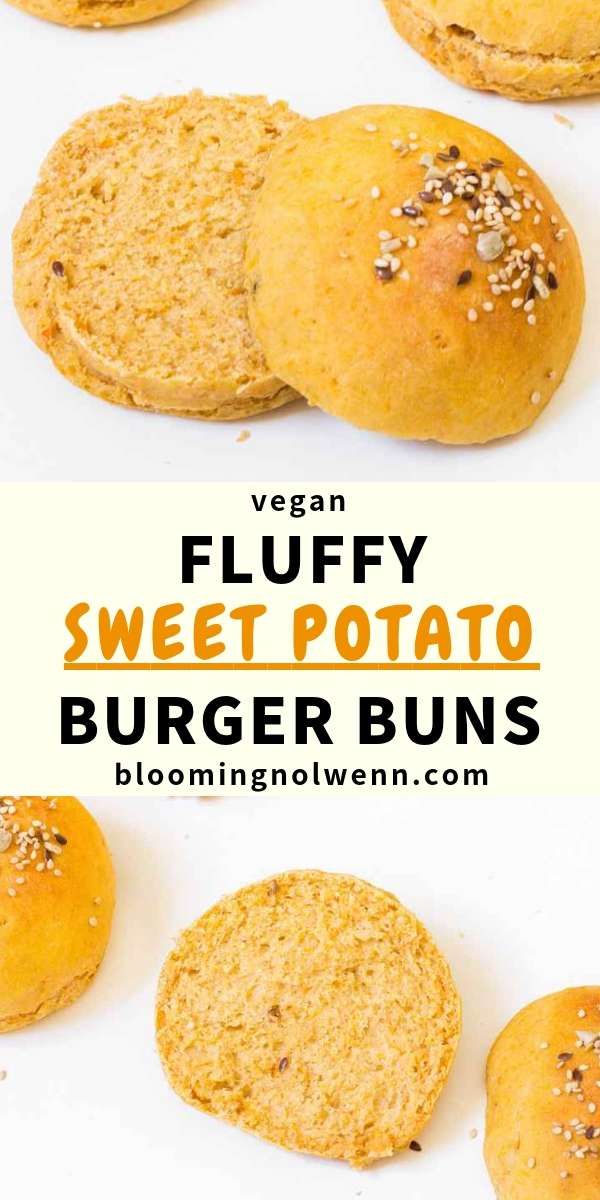 vegan fluffy sweet potato burgers with poppy seed sprinkles on top