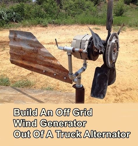 an old wind generator sitting on top of a dirt field with the words build an off grid wind generator out of a truck alteror