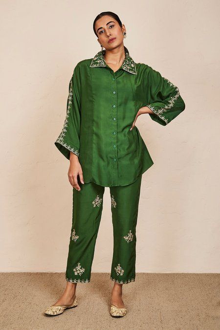 Buy Sue Mue Green Silk Tejal Embroidered Shirt And Pant Set Online | Aza Fashions Embroidery On Collar, Silk Button Down Shirt, Co Ords Outfits, Simple Kurta Designs, Zari Embroidery, Salwar Kamiz, Embroidered Pants, Shirt Pant Set, Boutique Dress Designs