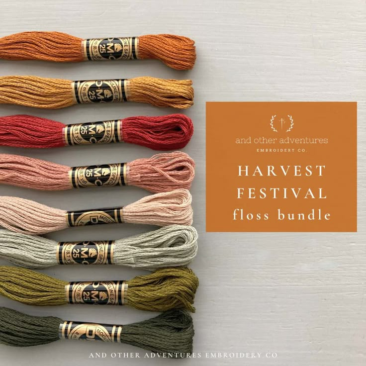 the harvest festival floss bundle is shown in different colors and sizes, with text overlay