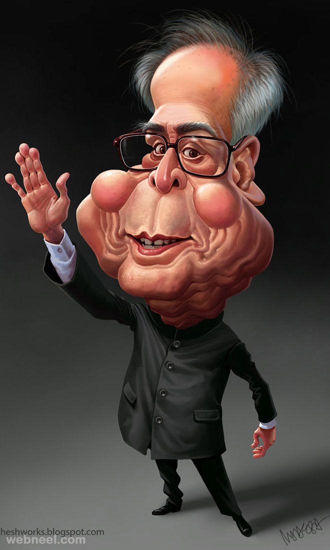 a caricature of an older man with glasses and a suit on, holding his hand out