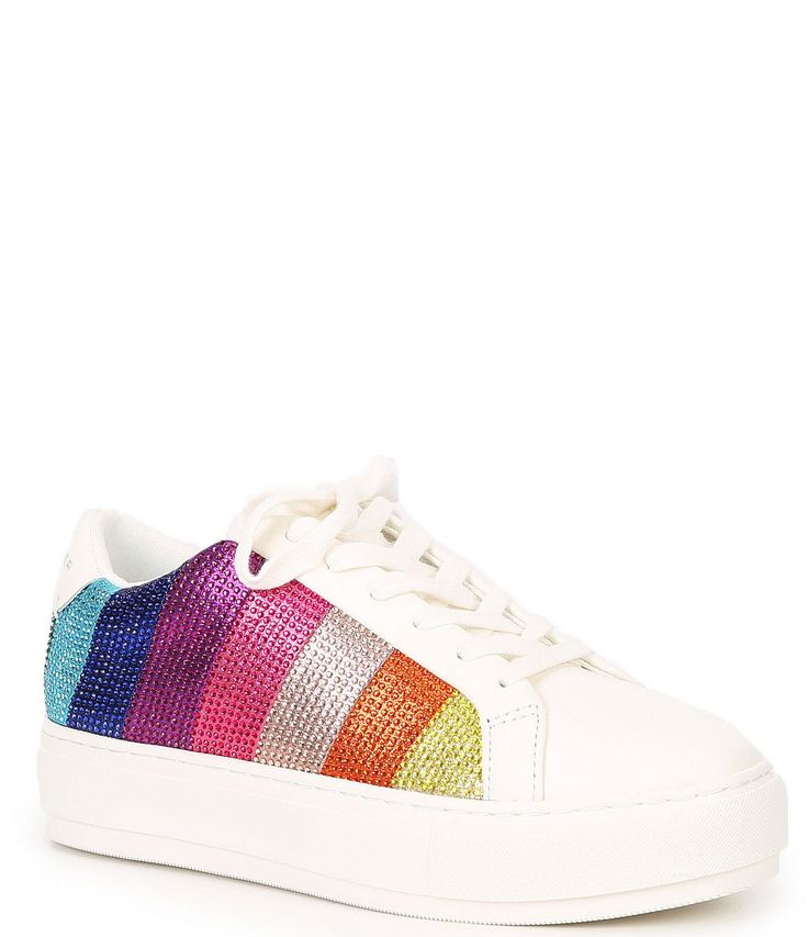 From Kurt Geiger London&#x2C; the Laney Metallic Stripe Rhinestone Embellished Platform Sneakers feature: Leather upperMulti-colored rhinestone embellishmentLace-up stylingCotton liningRubber outsoleApprox. 1.38'' platform heightRecommend sizing up one full sizeImported. Embellished Lace-up Sneakers, Kurt Geiger Shoes, Metallic Rainbow, Rainbow Sneakers, Rainbow Shoes, Striped Sneakers, The Lane, London Shoes, Trendy Sneakers