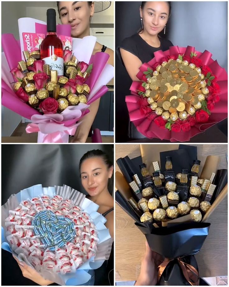 four pictures show different types of flowers and chocolates, one with a bottle of wine