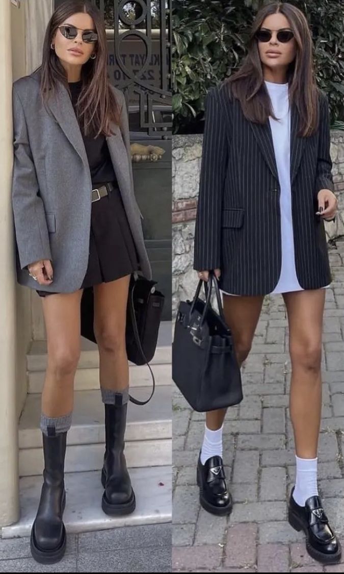 Casual Laid Back Outfits, Office Outfits Autumn, Khaki Combat Trousers Outfit, Leather Skirt Doc Martens Outfit, November Party Outfit, Chunky Over The Knee Boots Outfit, Fall Outfits 2024 Loafers, Mini Skirt Loafers Outfit, Winter Blazer Outfits