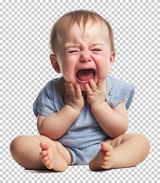 a crying baby sitting on the ground with its mouth open and hands in front of his face