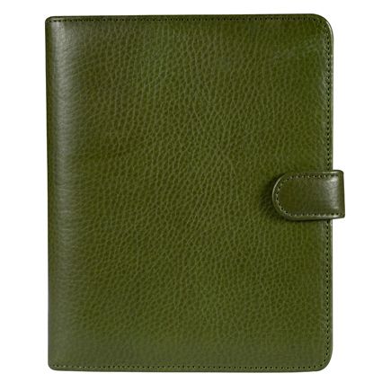 a green leather notebook with a clipping on the front and two flaps open to show the