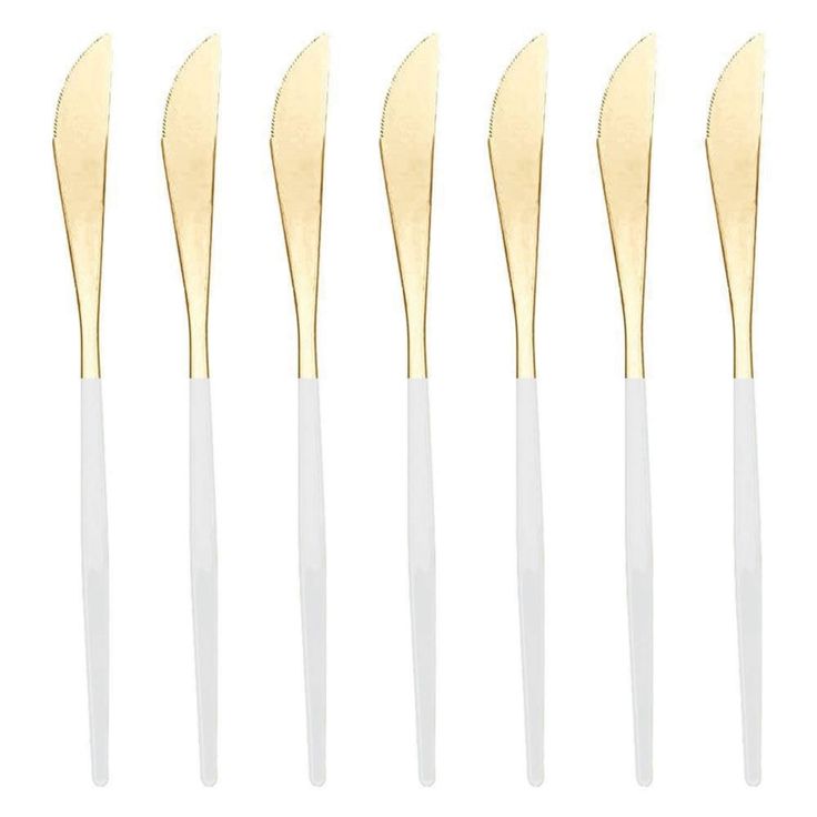 six gold and white toothbrushes in different sizes