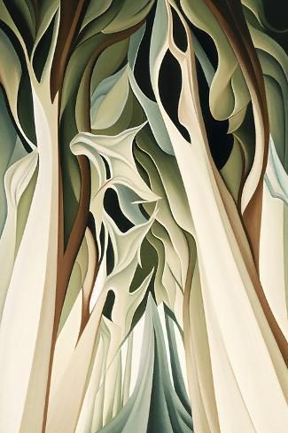 an abstract painting of trees with white and brown leaves