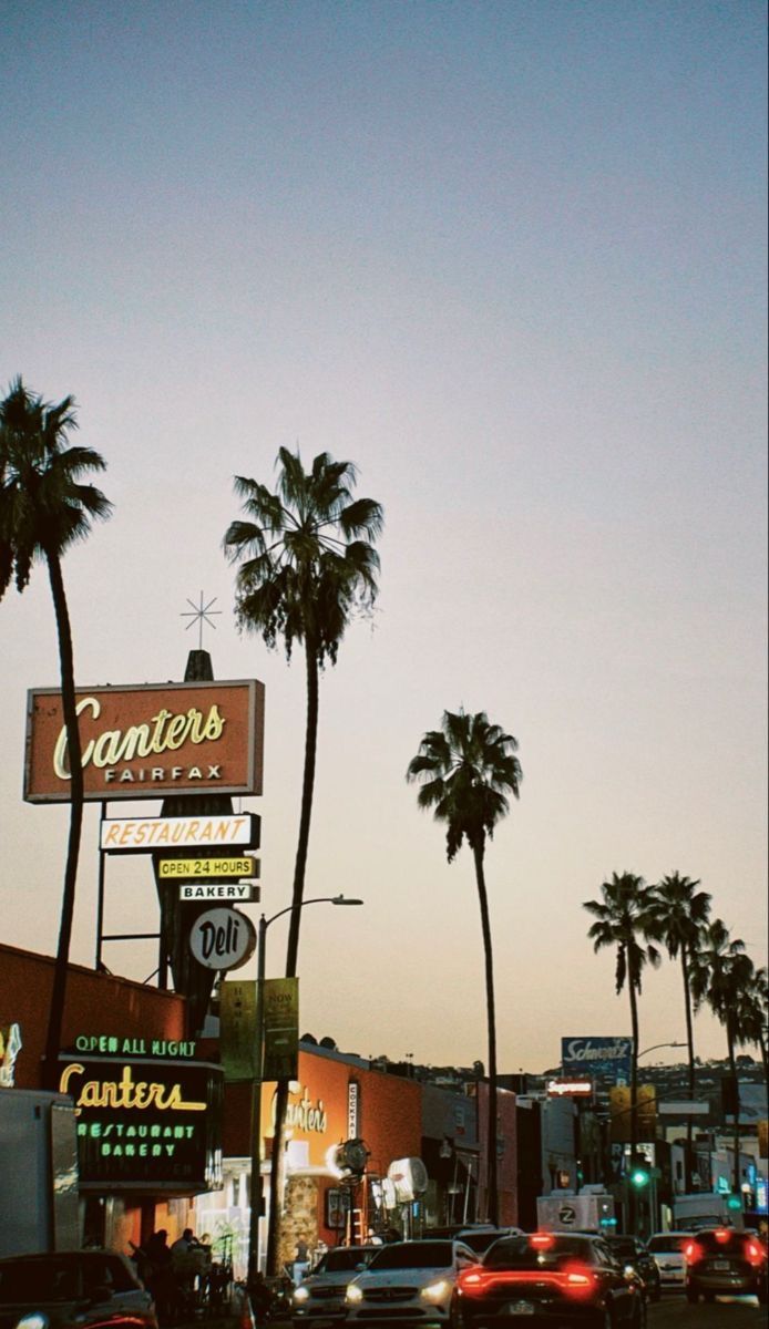 cars are driving down the street in front of stores and palm trees at dusk,