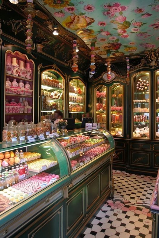 an ornately decorated store with lots of colorful items in the display case and ceiling