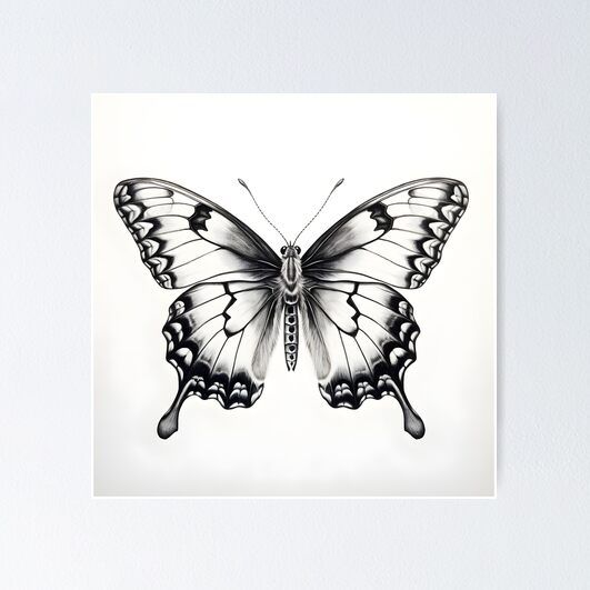 a black and white drawing of a butterfly with wings spread out, on a white background