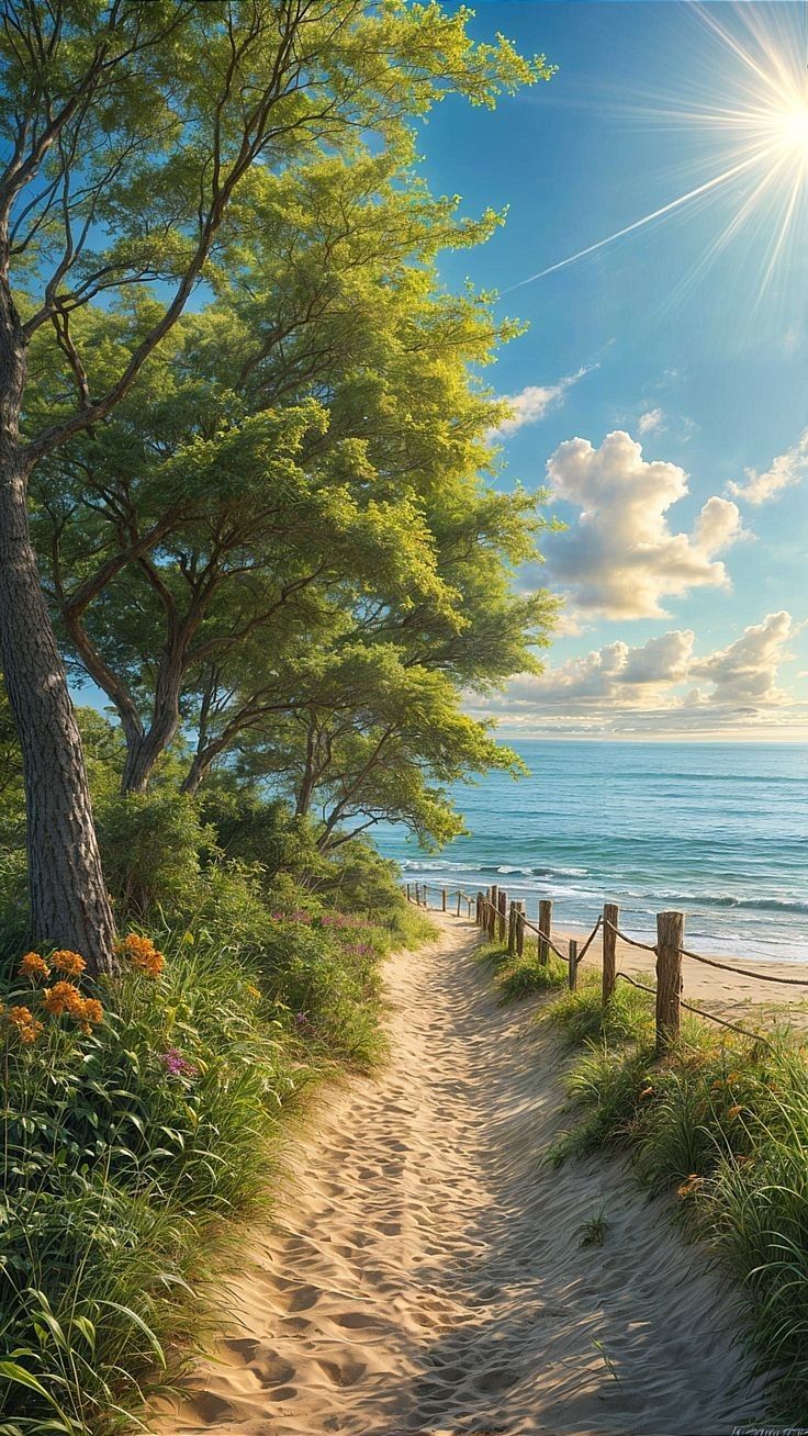 a painting of a path leading to the beach with trees and flowers on either side