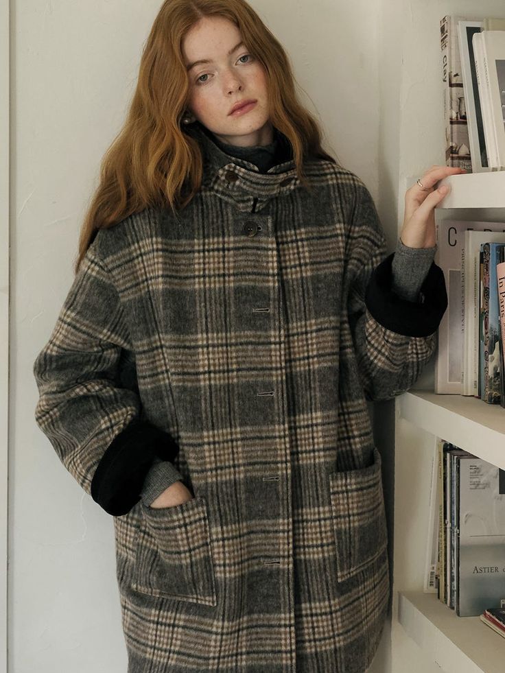 Cest_Plaid Tweed Wool Coat | W Concept Wool Coat Outfit, Plaid Winter Coat, Cute Winter Coats, Winter Coat Outfits, Square Pocket, Plaid Wool Coat, Travel Dress, Tweed Coat, Plaid Coat