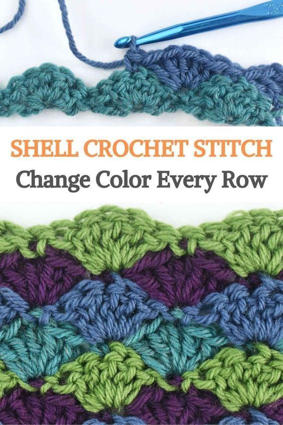 the shell crochet stitch is being used to make an afghan with two different colors