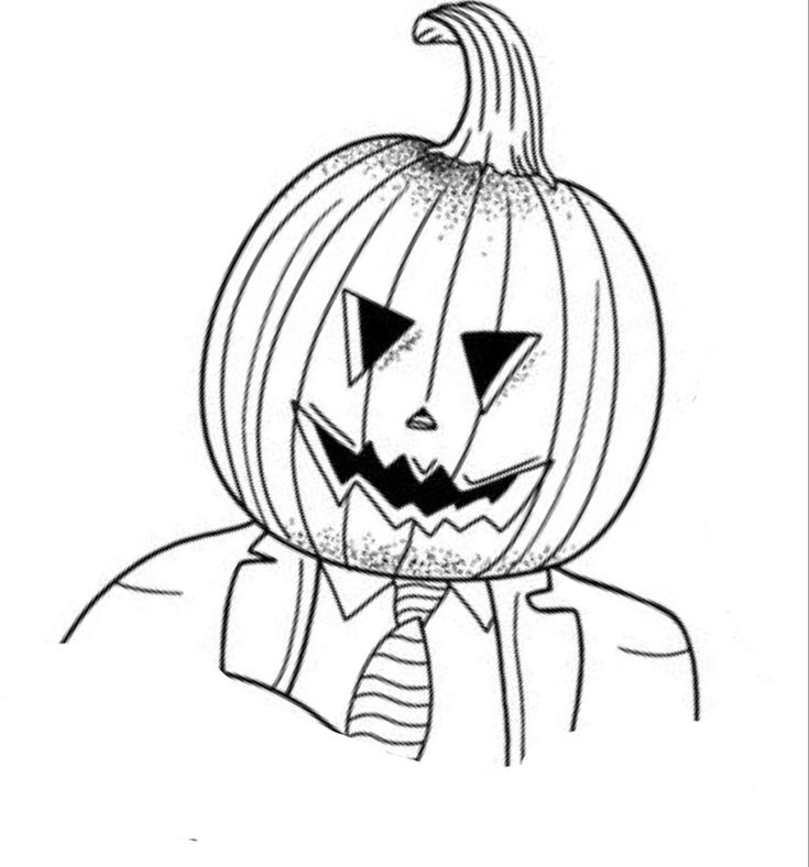 a black and white drawing of a pumpkin wearing a suit with his face cut out