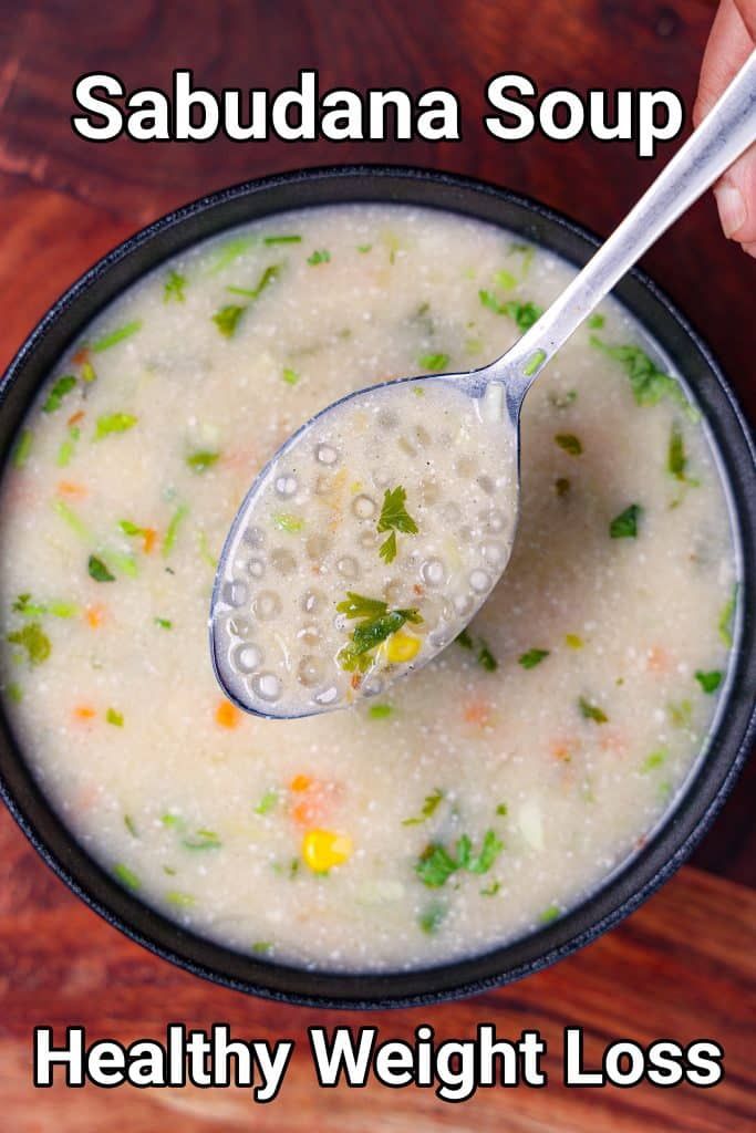 a person holding a spoon over a bowl of soup with the words sabudana soup above it