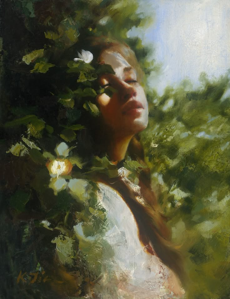 an oil painting of a woman's face surrounded by greenery and flowers, with her eyes closed