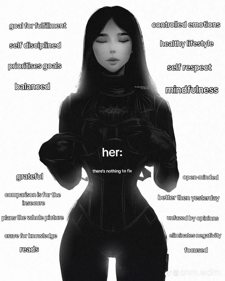 a woman in black is standing with her hands on her hips and the words underneath her