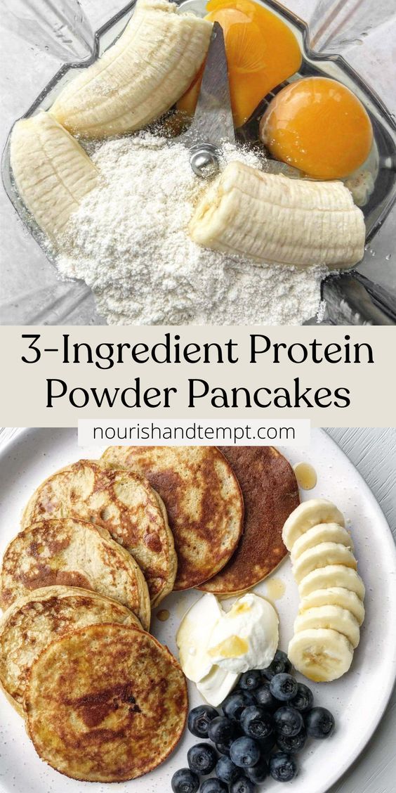 pancakes, blueberries and bananas on a plate with the words 3 ingredient protein powdered pancakes