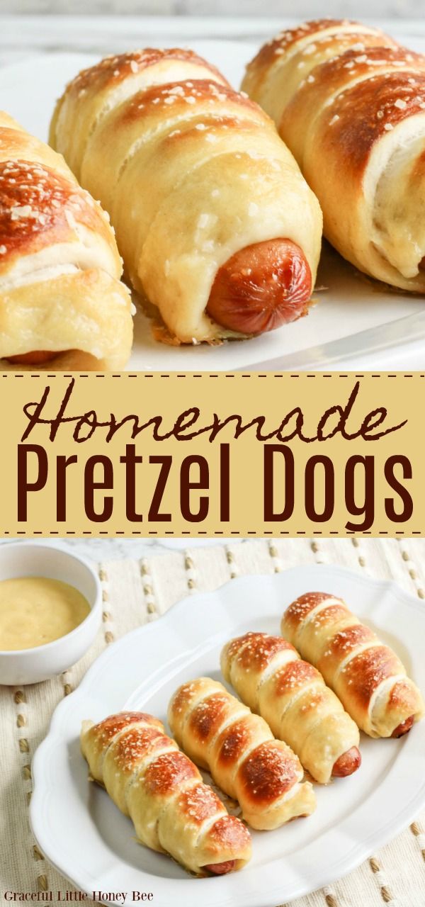 homemade pretzel dogs on a plate with dipping sauce