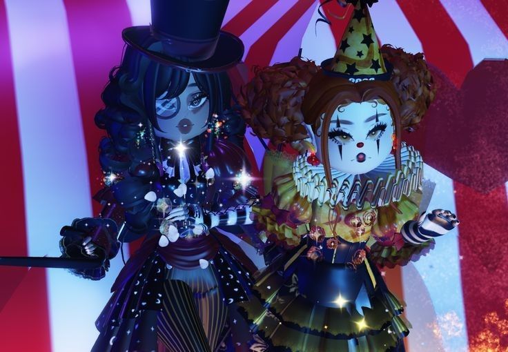 two dolls dressed up as clowns in front of an american flag