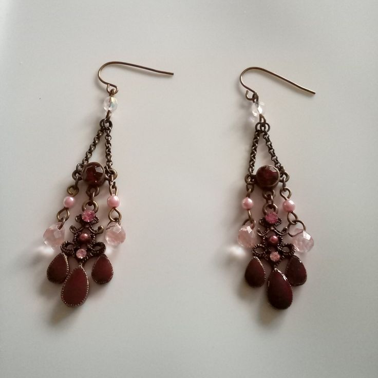 These Are Very Pretty Chandelier Earrings With Purple Enamel And Pink Beads/Crystals Jeweled Dangle Chandelier Earrings, Elegant Purple Crystal Earrings With Dangling Beads, Pink Jeweled Dangle Chandelier Earrings, Crystal Chandelier Earrings With Dangling Beads, Elegant Pink Metal Beaded Earrings, Elegant Pink Beaded Metal Earrings, Pink Metal Dangle Chandelier Earrings, Pink Metal Chandelier Dangle Earrings, Blueberry Emoji