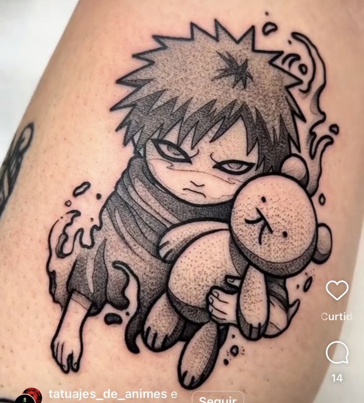 a person with a tattoo on their leg holding a stuffed animal in his arms and eyes