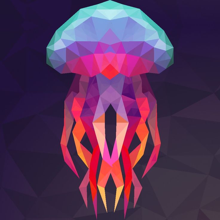 an abstract jellyfish design made up of triangular shapes and colors, on a dark background