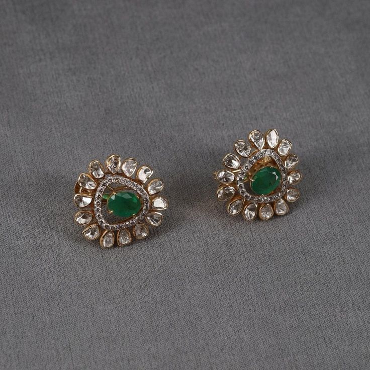 Nishika Diamond & Polki Studs Polki Drop Earrings, Green Studs Earrings, Victorian Polki Earrings, Diamond Earrings Studs Indian, Studs Earrings Gold India, Polki Studs Earrings, Victorian Studs, Diamond Ear Rings, Polki Rings