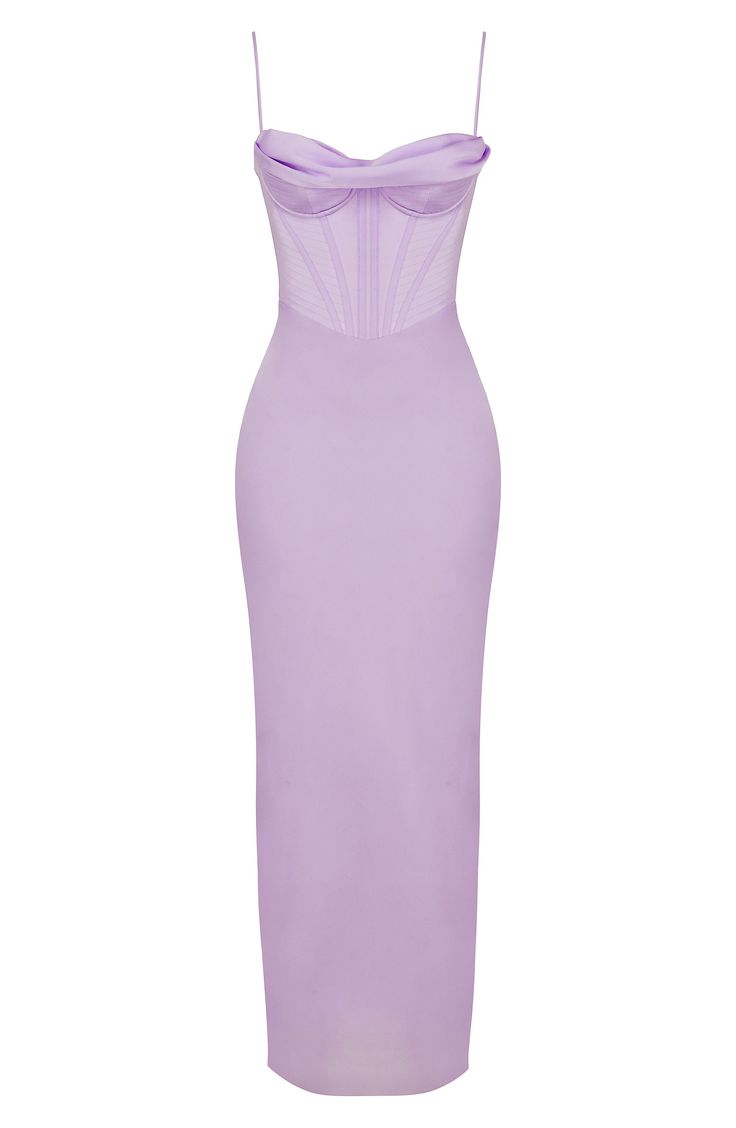 Be the highlight of every glam event in this stunning corset dress cut from silky satin in a curvaceous silhouette for an elegantly seductive look. Exclusive retailer 59 1/2" length Cowl neck Spaghetti straps Polyester/elastane Dry clean Imported Purple Dress Corset, Lavender Wedding Guest Outfit, Corset Wedding Guest Dress, Purple Corset Dress, House Of Cb Charmaine, Lavender Silk Dress, Lilac Dresses, Summer Ball, Light Purple Dress