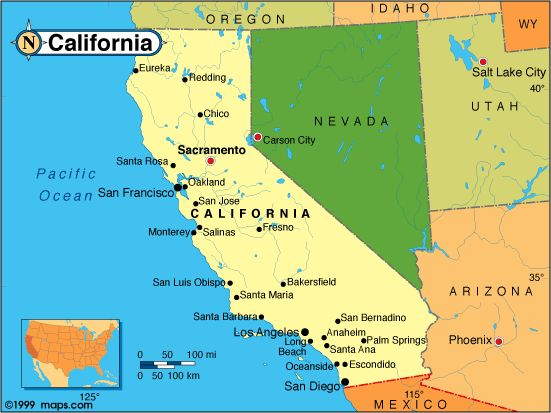 a map of california with all the cities and major roads in it's state