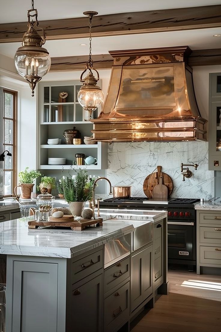 a kitchen with marble counter tops and an island in front of a stove top oven