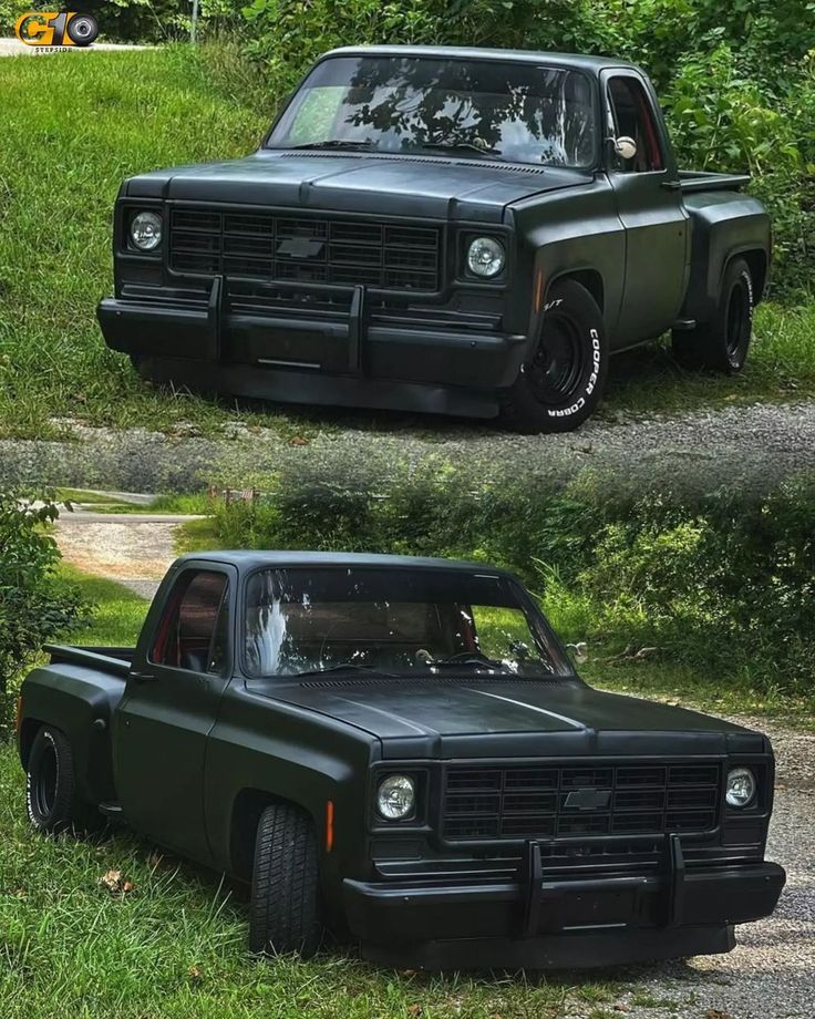 an old pickup truck is parked in the grass next to another black pick up truck