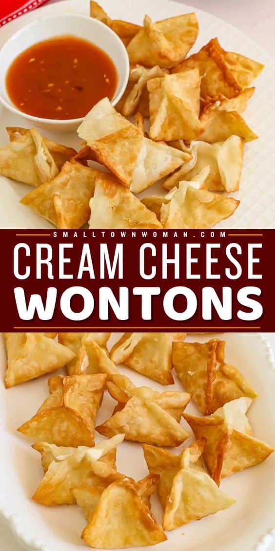 cream cheese wontons on a white plate with dipping sauce in the background and text overlay