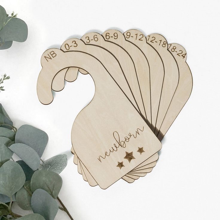 four wooden tags with stars and the word merry written on them next to eucalyptus leaves