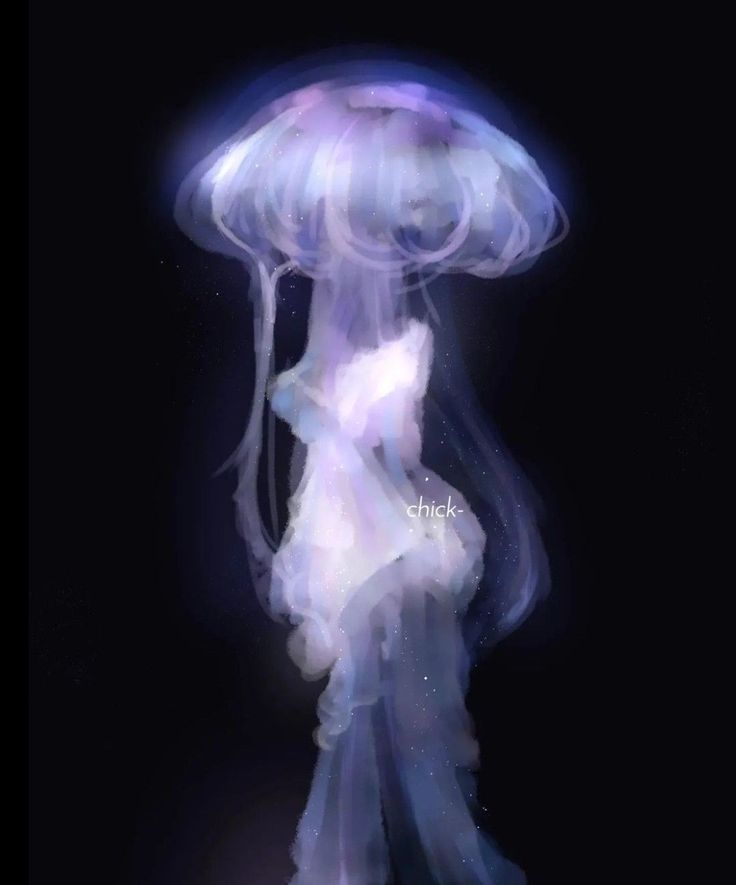 a woman is standing in the dark with a jellyfish on her head and body