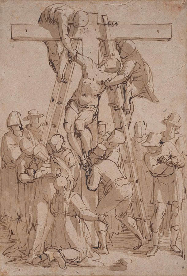 a drawing of a crucifix with people around it and one man on the cross