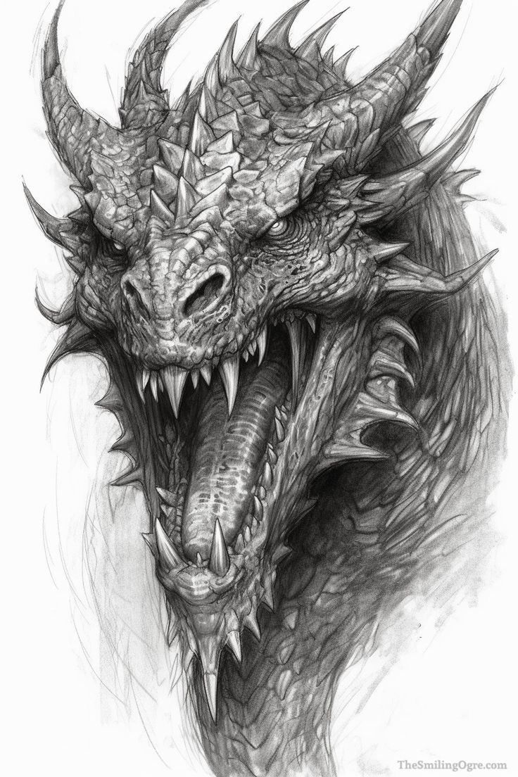 a drawing of a dragon's head with sharp teeth