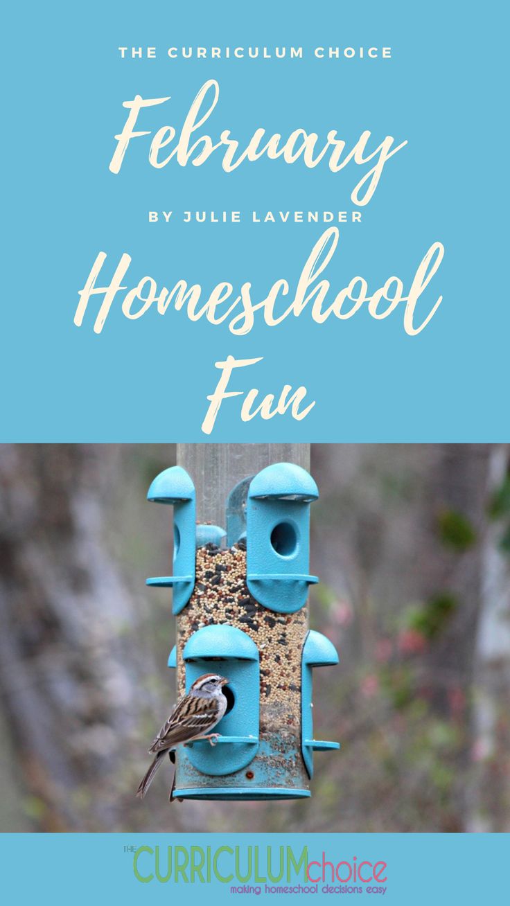 a blue bird feeder with the words february homeschool fun on it and an image of