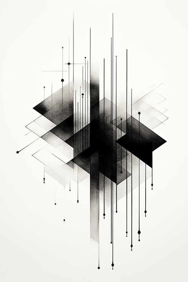 an abstract black and white photo with lines, dots and shapes in the center on a white background