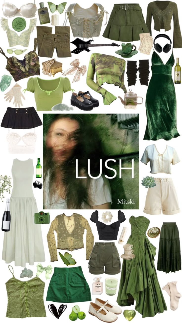 a collage of clothes and accessories with the words lush written in white on it